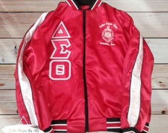 Delta Sigma Theta Embroidered Black Varsity Striped Satin Bomber