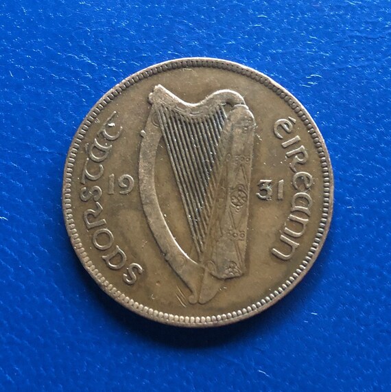 1931 Irish One Penny Coin Free State Issue Ireland Hen And Chicks Harp Antique 