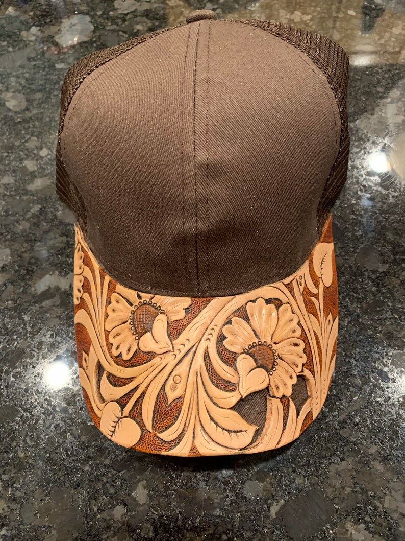 Hand tooled leather cap bills Floral 1 Etsy