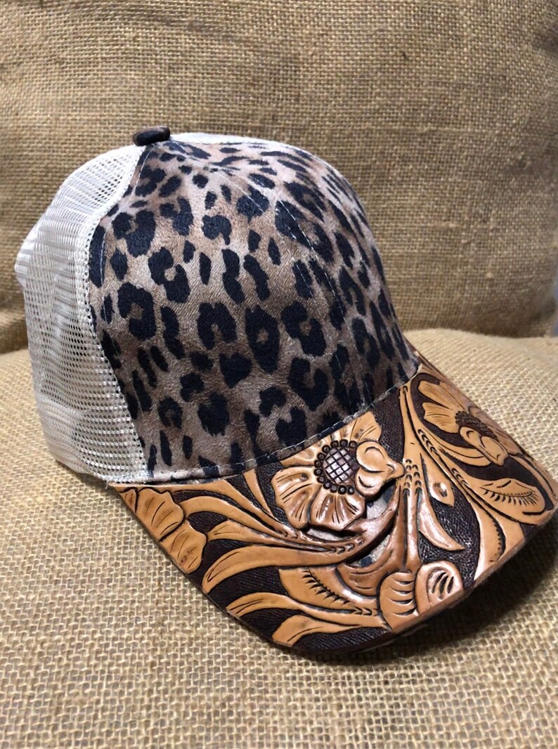 Hand tooled leather cap bills Floral 1 Etsy