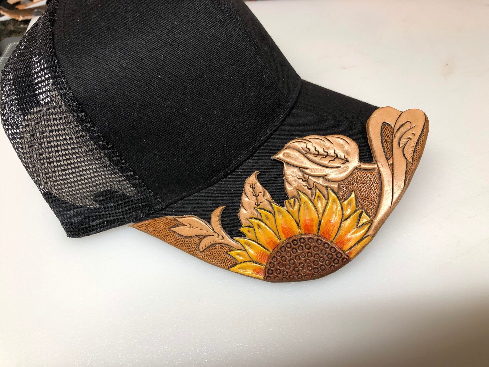 Hand tooled leather cap bills Sunflower Etsy