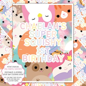 Livros para colorir de aniversário com tema Squishmallow EDITÁVEIS, lembrancinhas, download instantâneo