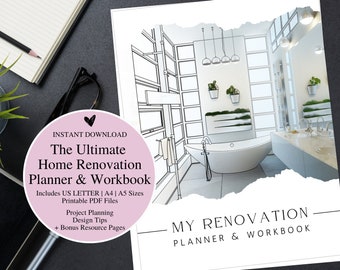 May include: A pink and white digital download cover for a home renovation planner and workbook. The cover features a line drawing of a bathroom with a bathtub, a sink, and a mirror. The text "The Ultimate Home Renovation Planner & Workbook" is in black text. The text "MY RENOVATION PLANNER & WORKBOOK" is in black text.