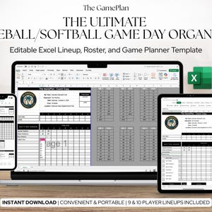 Könnte beinhalten: Eine digitale Baseball- und Softball-Spieltag-Organizer-Vorlage, die auf einem Laptop, Tablet und Smartphone angezeigt wird. Die Vorlage enthält bearbeitbare Excel-Aufstellungen, -Listen und einen Spielplaner. Der Text lautet "The Ultimate Baseball/Softball Game Day Organizer."