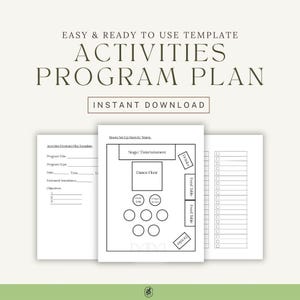 May include: A digital activities program plan template featuring the text EASY & READY TO USE TEMPLATE ACTIVITIES PROGRAM PLAN INSTANT DOWNLOAD. The document includes a room set up sketch with a stage, dance floor, tables, and food stations.