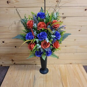 Cemetery flowers - cemetary flowers - cemetery cone- father&#39;s day cemetery flowers - purple & orange roses- wildflower vase - gravesite flow