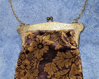 Antique German 800 Silver Stamped Purple And Gold Tapestry Purse With 800 Silver Chain Handle