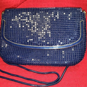 1970s Navy Sequined With Navy Enamel Framed Foldover Snap Closure And Navy Snake Chain Handle