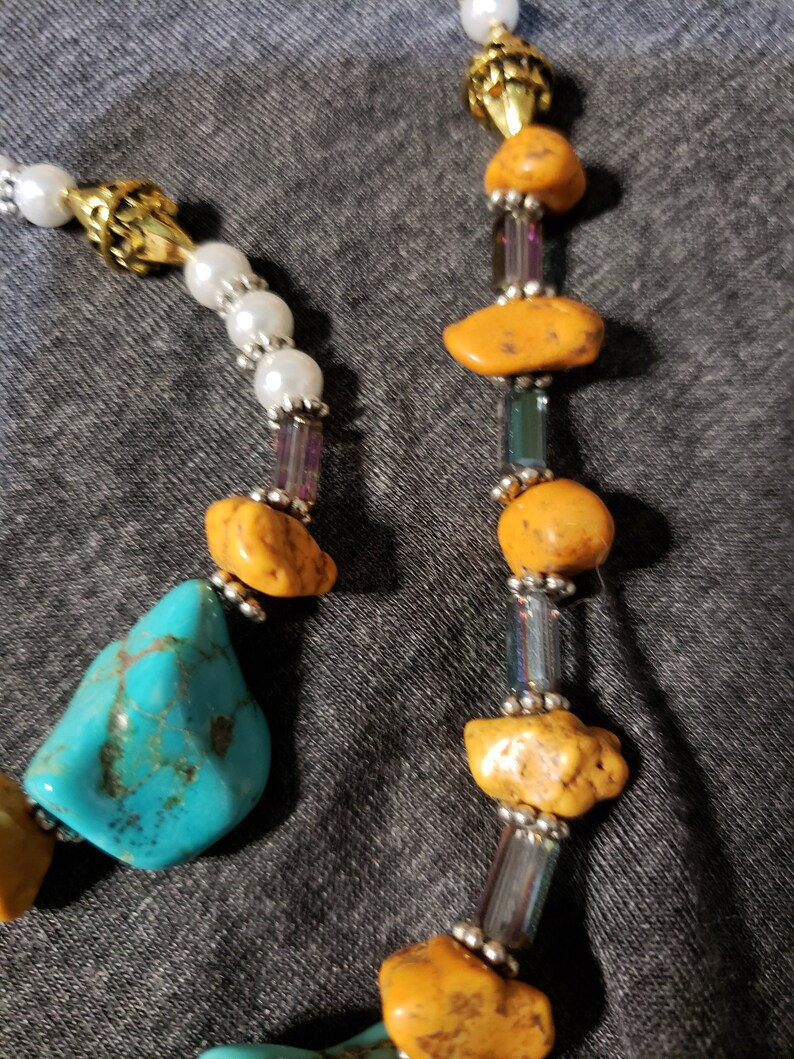 Turquoise and Mustard Howlight and Glass Bead Stations Necklace and Bracelet Set