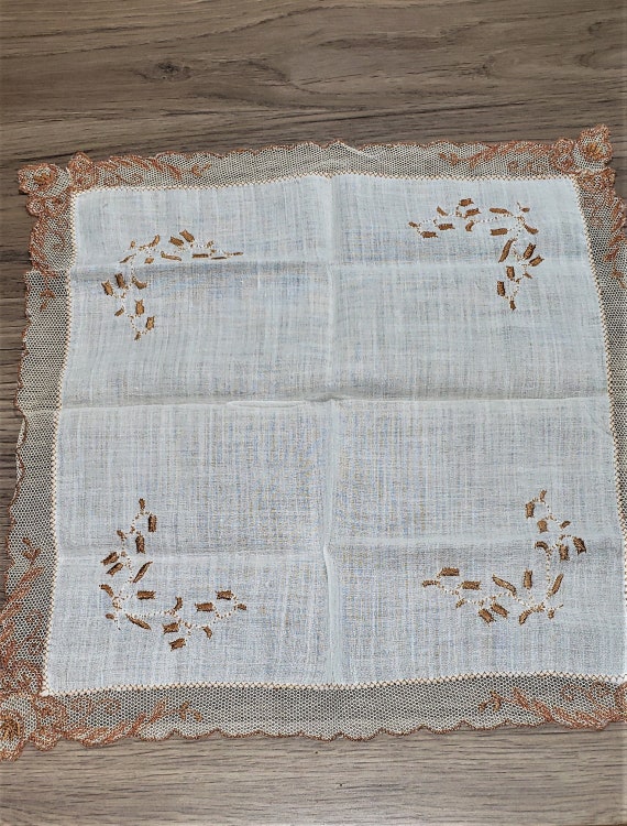 Linen and Embroidered Lace Victorian Handkerchief - image 1