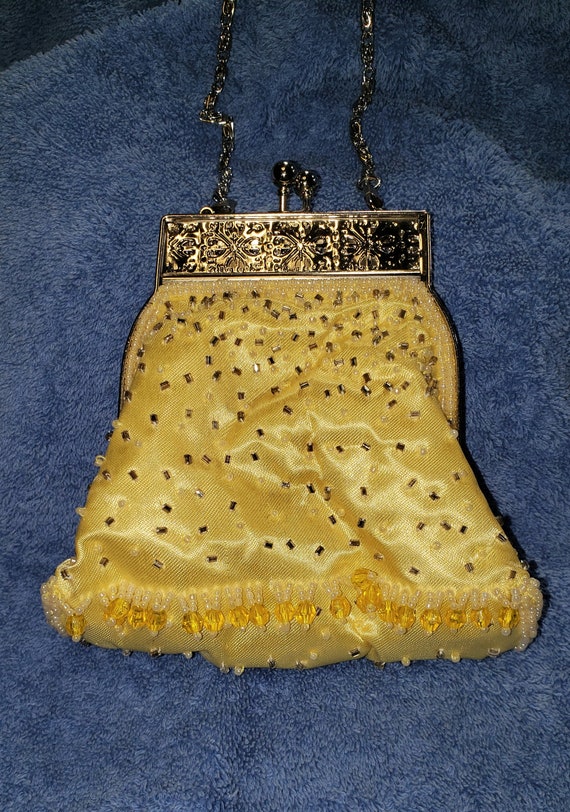 Yellow Satin Seed Beaded Wrist Clutch with a Silv… - image 4