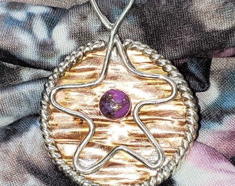 Sterling Silver Rope Framed Textured Copper Disk With Cabochon and Star