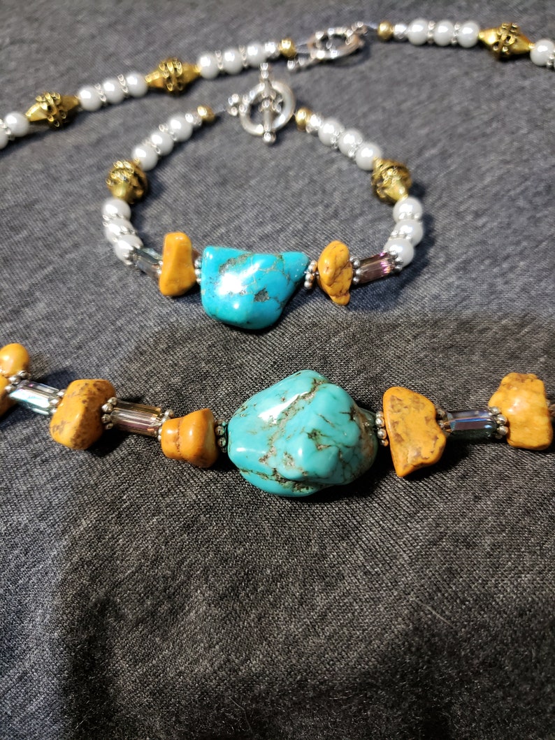 Turquoise and Mustard Howlight and Glass Bead Stations Necklace and Bracelet Set