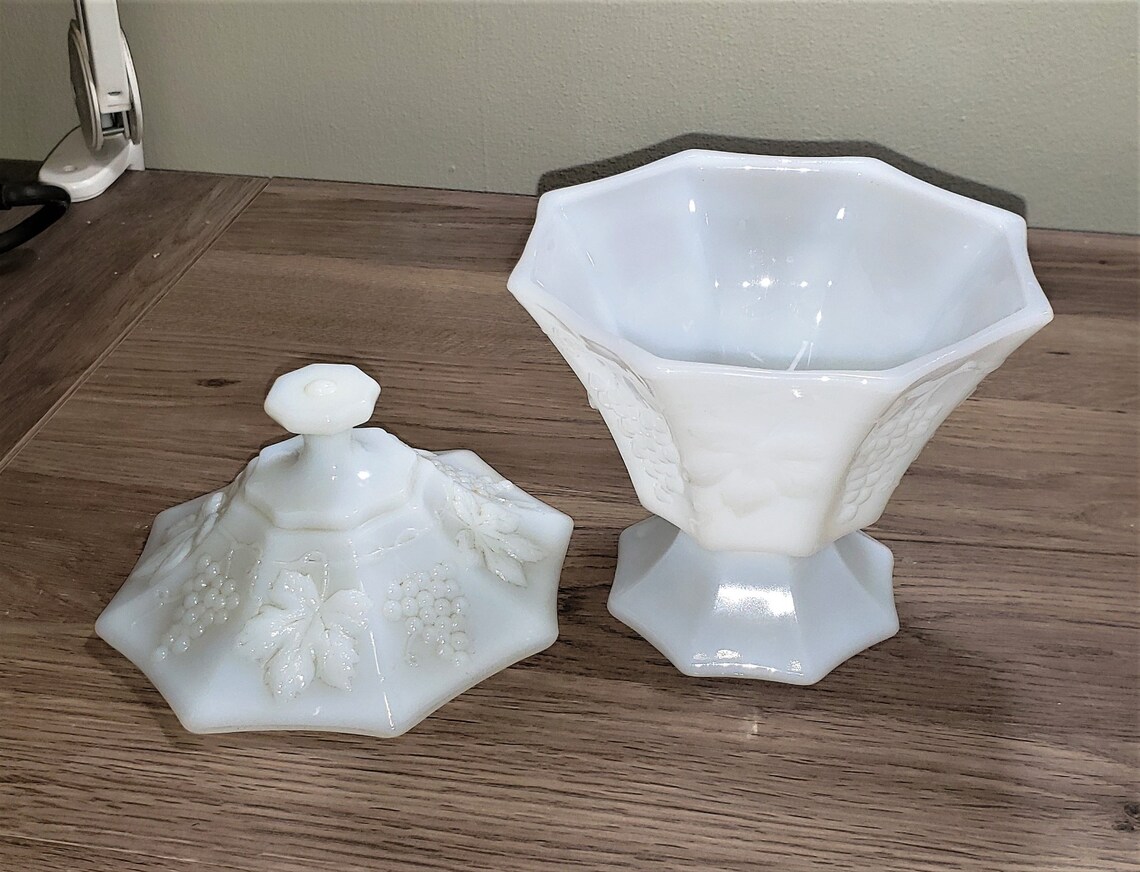 Vintage Milk Glass Grape Pattern Candy Dish Etsy