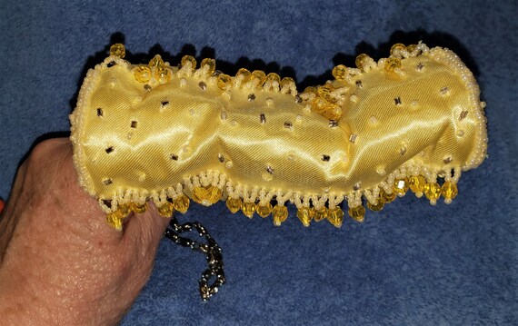 Yellow Satin Seed Beaded Wrist Clutch with a Silv… - image 7