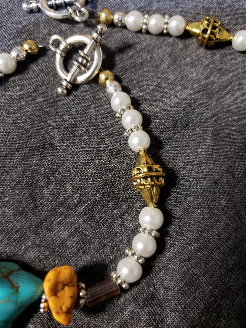 Turquoise and Mustard Howlight and Glass Bead Stations Necklace and Bracelet Set