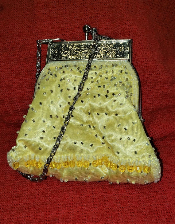Yellow Satin Seed Beaded Wrist Clutch with a Silv… - image 1
