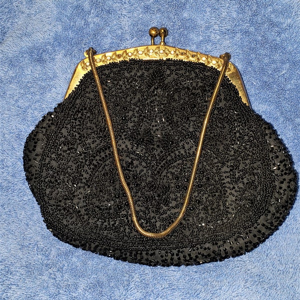 1940s Walborg Of West Germany Handmade Black Beaded and Silk Cocktail Purse With Goldtone and Crystal Snap Closure and Snake Chain