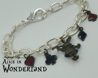Alice in Wonderland Inspired Charm Bracelet - Tea Party, White Rabbit, Rose, Key