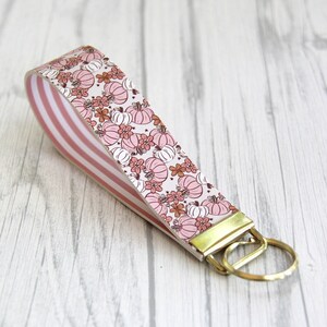 Pink Fall Pumpkin Double Sided Key Fob Wristlet, Fall Accessory, Faux Leather Wrist Lanyard