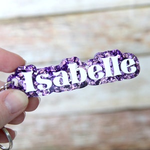 Purple Glitter Name Keychain, Back to School, Stocking Stuffer, Gift for Kids
