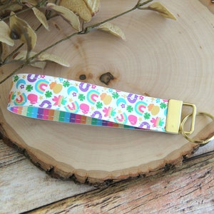 Rainbow Marshmallow Double Sided Key Fob Wristlet, St Patricks Day Accessory, Faux Leather Wrist Lanyard