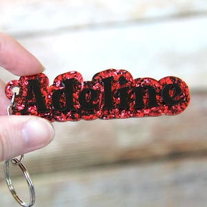 Red and Black Glitter Name Keychain, Back to School, Stocking Stuffer, Gift for Kids