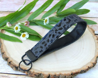 Black Leopard Double Sided Key Fob Wristlet, Summer Accessory, Faux Leather Wrist Lanyard
