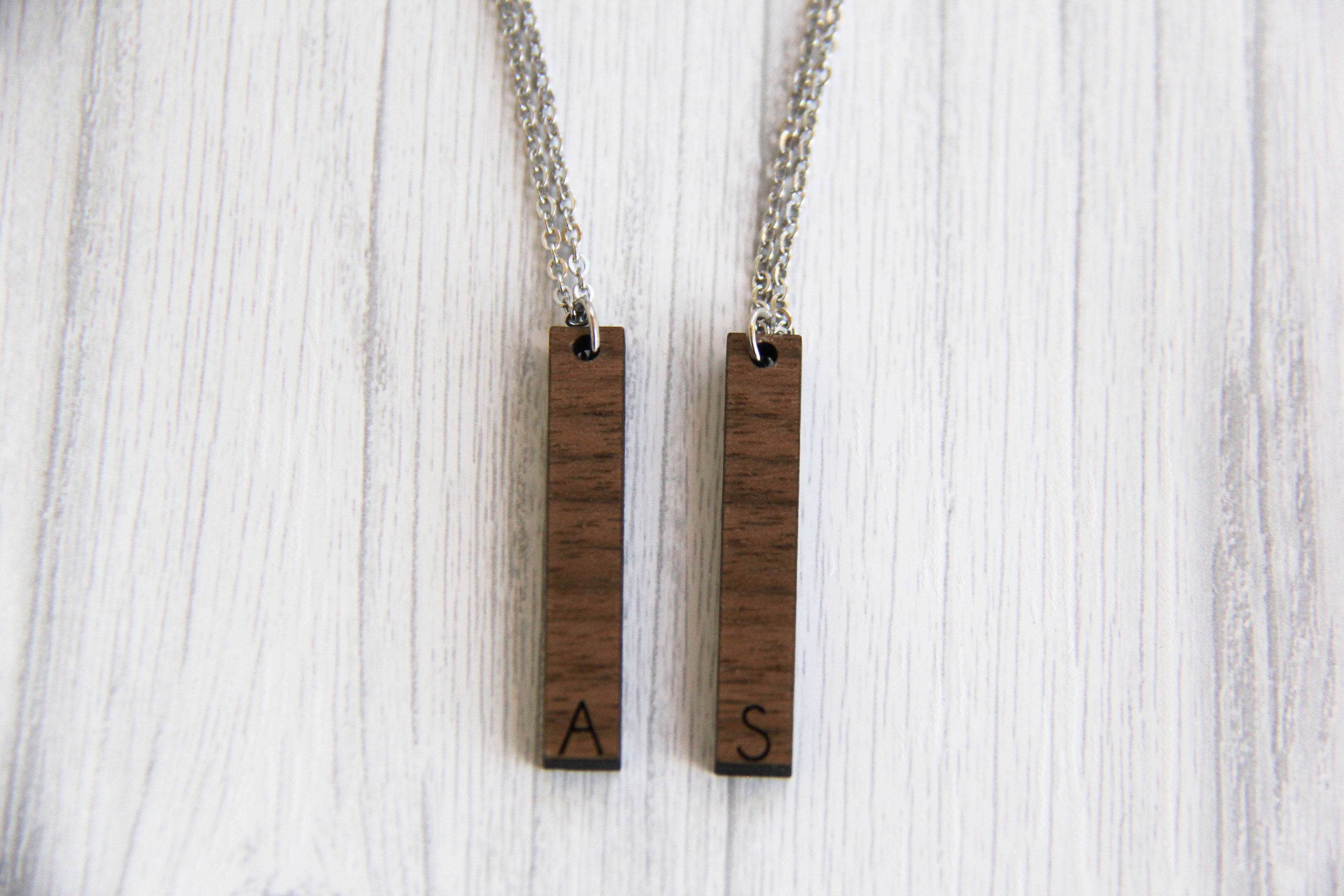 Initial Vertical Bar Necklace Wood Bar Necklace Simple Etsy