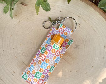 Rainbow Daisy Checkers Lip Balm Keychain