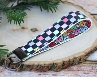 Multicolored Checkers Smile Face Double Sided Key Fob Wristlet, Summer Accessory, Faux Leather Wrist Lanyard
