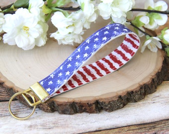 Distressed American Flag Double Sided Key Fob Wristlet