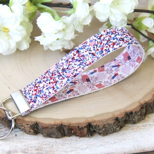 Glitter American Flag Double Sided Key Fob Wristlet, 4th of July Accessory, Faux Leather Wrist Lanyard