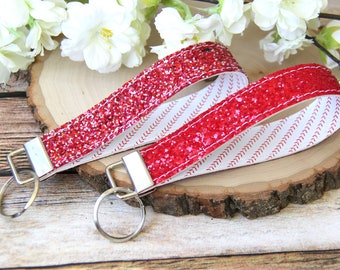 Glitter Baseball Stitch Double Sided Key Fob Wristlet, Sports Fan Accessory, Faux Leather Wrist Lanyard