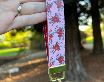 Red Velvet Poinsettia Faux Leather Wristlet