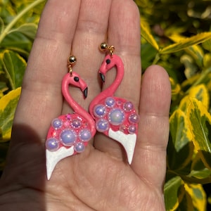 flamingo earrings,pink,summer,Charming Handmade Bird Earrings | Colorful Polymer Clay Designs
