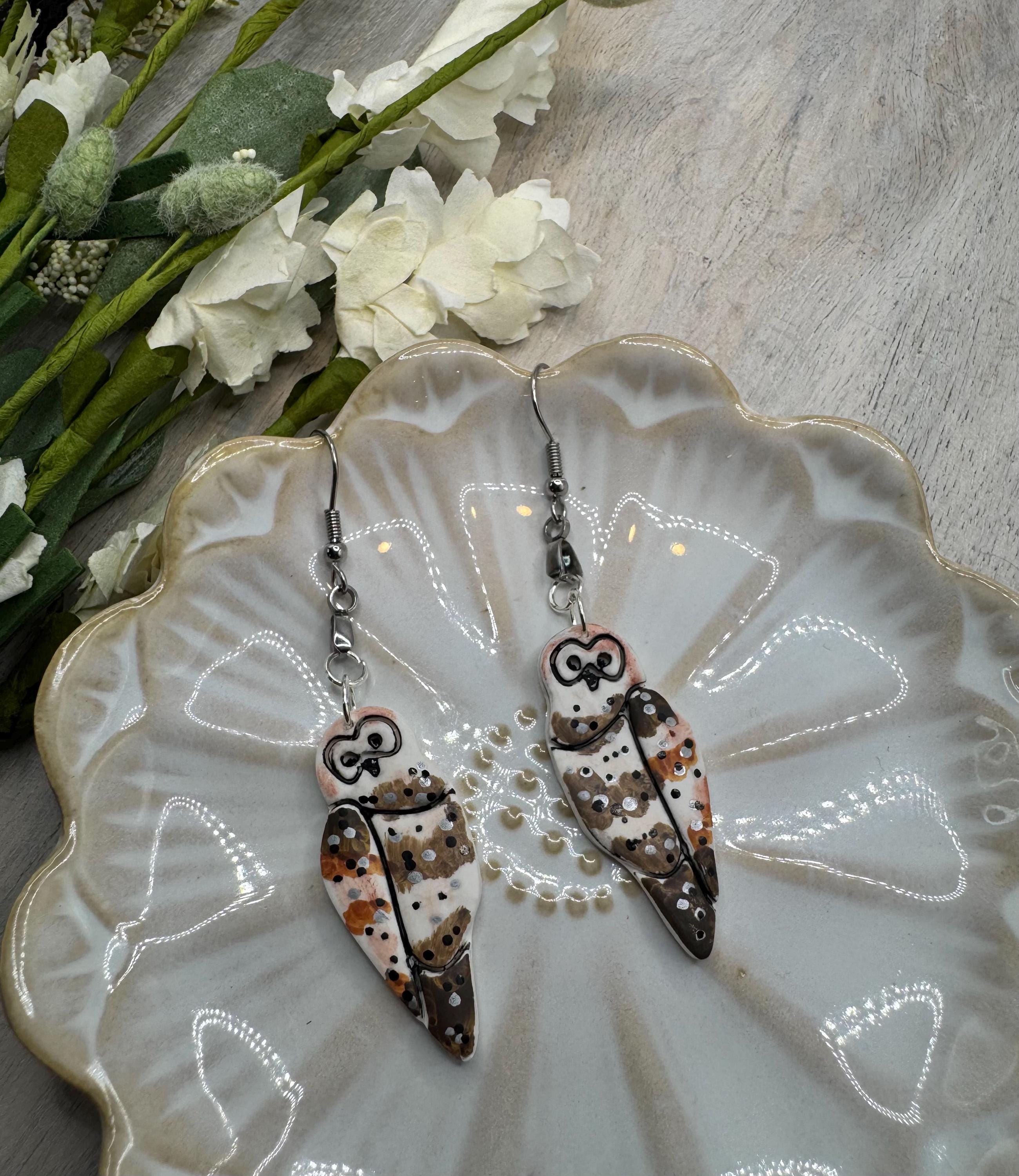 Woodland Owl Earrings - Handcrafted Polymer Clay Handpainted Jewelry