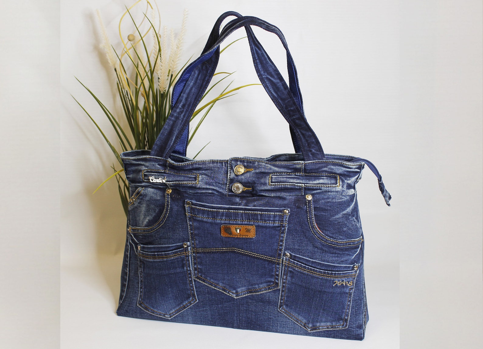Denim beach bag zipper tote bag for women shopper bag made | Etsy