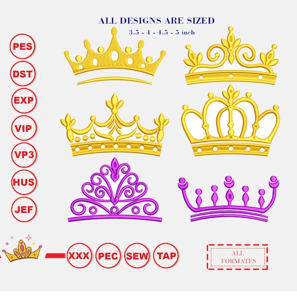 Crown Set Embroidery Design, crown embroidery machine, king crown, tiara embroidery,  crown embroidery file 06 designs, princess crown