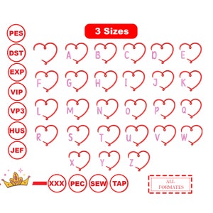 Bordado de letras y corazones, diseño de bordado de corazones, alfabeto A-Z y máquina de bordar corazones, Descarga instantánea de 27 diseños