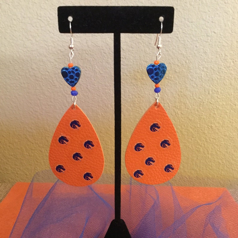 Boise State Broncos Faux Leather Teardrop Earrings Orange with Blue Heart