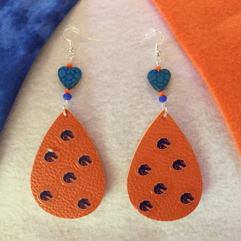 Boise State Broncos Faux Leather Teardrop Earrings Orange with Blue Heart