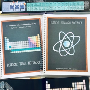 May include: Two spiral-bound notebooks with dark green covers featuring wood-look borders. The left cover displays a periodic table and the text Periodic Table Notebook. The right cover shows an atom illustration and Element Research Notebook.