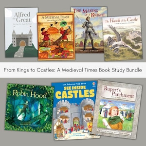 Könnte beinhalten: Eine Sammlung von Kinderbüchern mit mittelalterlichen Themen. Titel sind unter anderem "Alfred der Große", "Ein mittelalterliches Fest" und "Die Herstellung eines Ritters". Die Bücher sind auf hellem Grau angeordnet.