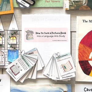 May include: A collection of educational materials for language arts study. The image features a guide titled "How to turn a Picture Book Into a Language Arts Study," along with flashcards labeled "Figurative Language" and "Story Elements." Colorful book covers and other learning aids are also visible.