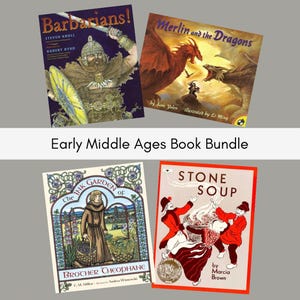Può includere: Una collezione di quattro libri per bambini intitolati Barbarians!, Merlin and the Dragons, The Ink Garden of Brother Theophane e Stone Soup, disposti in una griglia con il testo Early Middle Ages Book Bundle centrato tra le righe.