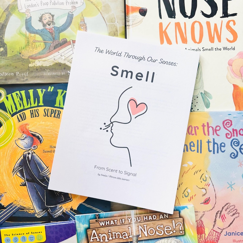 May include: A collection of children's books with colorful illustrations. The central book cover features the word "Smell" with a line drawing of a nose and a heart. Other book titles include "Nose Knows" and "What If You Had an Animal Nose?"