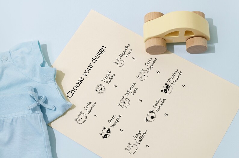 You can choose one of our 9 exclusive designs, specially designed for marking kid's clothes for school