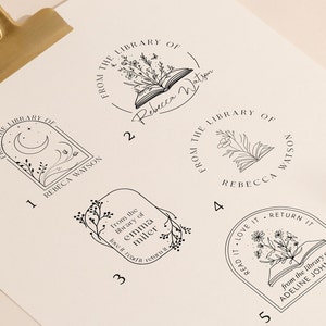 BOOK EMBOSSER STAMP Rubber Stamp Personalized Stamp for Book Lovers Wood or Self Inking Option 5 Designs to Choose Book Stamp image 2