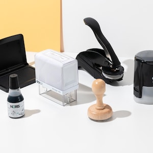 Self inking, wood stamp or embosser options.